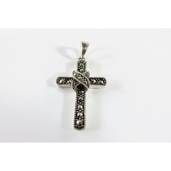 925 Marcasite Christian Cross Pendant Traditional Sterling Cross Pendant - Picture 2 of 4